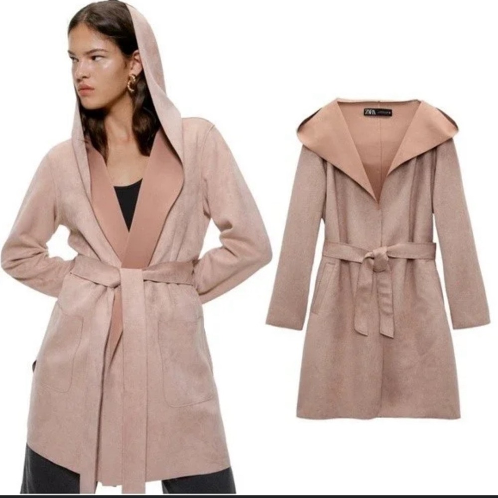🩷 Zara Faux Suede Luxury Jacket Open Front Long Hooded Blush Pink Belted  XL